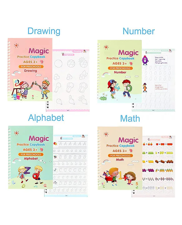 Sank Magic Practice Reusable Tracing Book Set – English Letters, Numbers & Drawing (Pack of 4 + 1 Pen Set + 10 Refills)