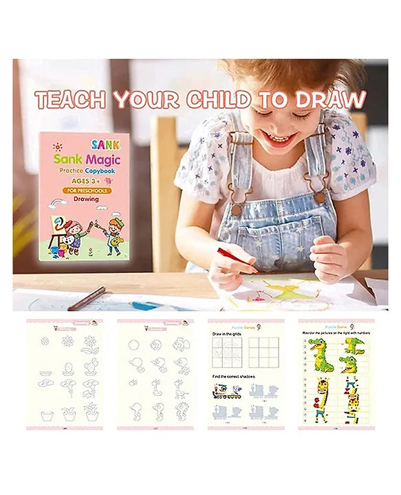 Sank Magic Practice Reusable Tracing Book Set – English Letters, Numbers & Drawing (Pack of 4 + 1 Pen Set + 10 Refills)