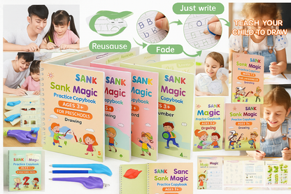 Sank Magic Practice Reusable Tracing Book Set – English Letters, Numbers & Drawing (Pack of 4 + 1 Pen Set + 10 Refills)